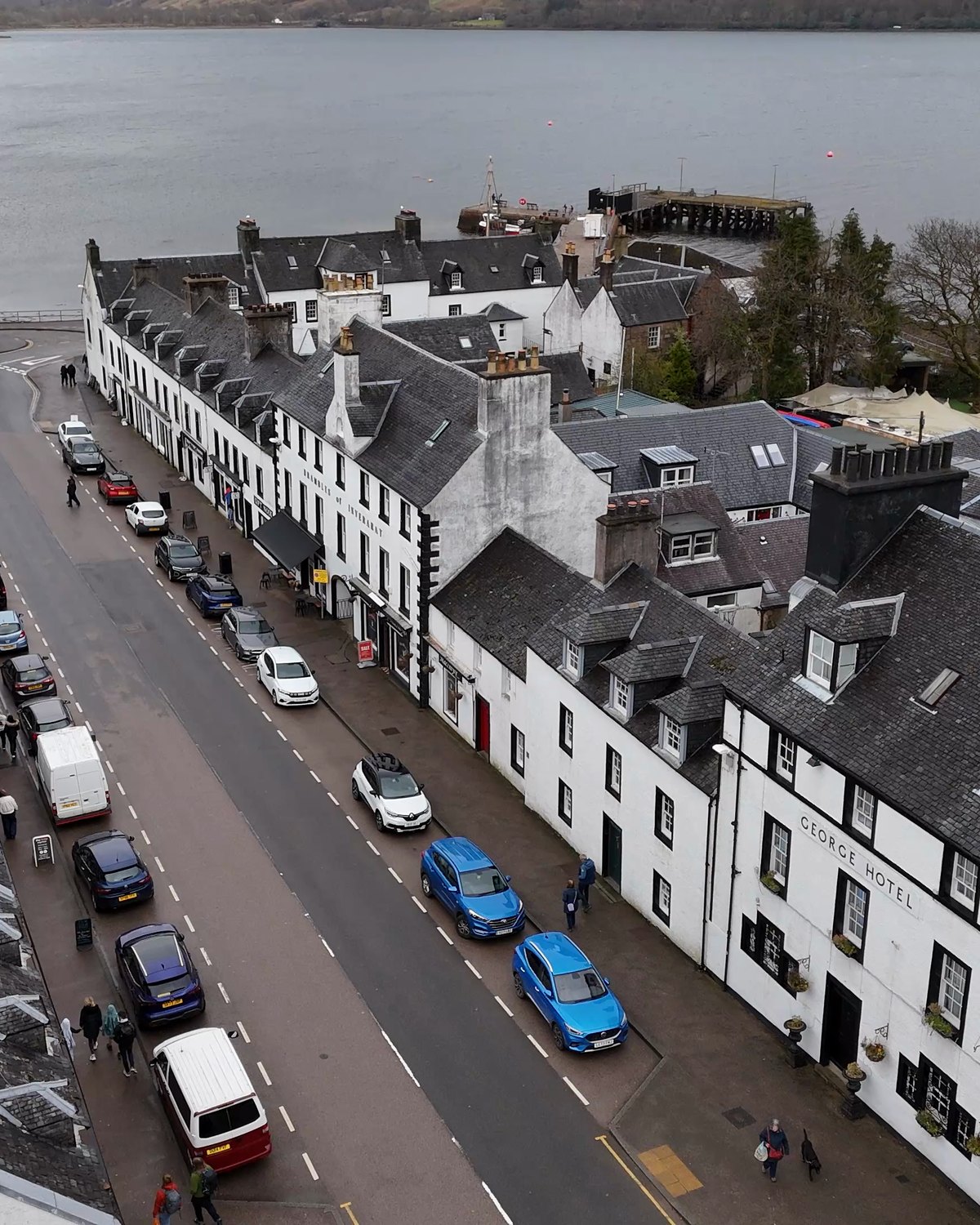 Aerial drone view of Inveraray and Loch Fyne